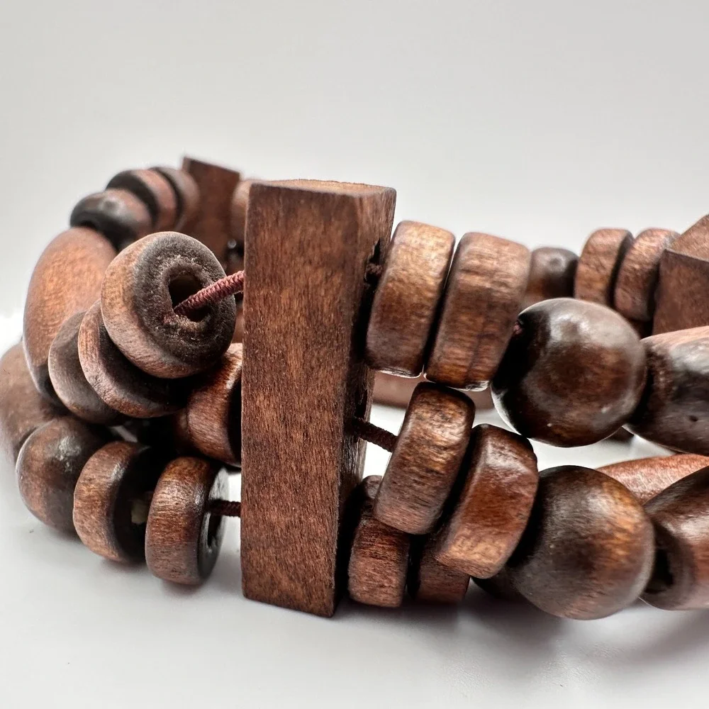 Vintage 90s Brown Three Row Wood Bead Stretch Cord Bracelet Jewelry Statement